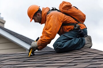 Skilled Roofer Sealing Holes on the Residential Roof to Prevent Pests While Working Under Overcast Sky with Natural Light Illuminating the Scene