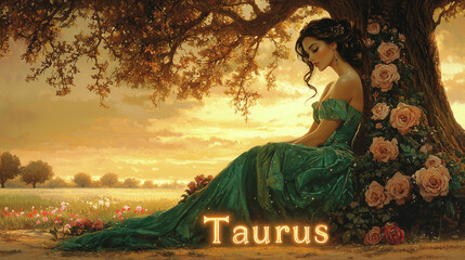 An elegant woman with lush, dark hair sits under a grand oak tree adorned with roses and a glowing Taurus symbol