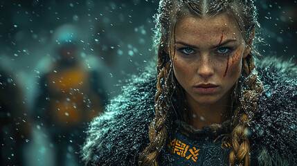 Fierce Viking Warrior Woman with Intricate Face and Body Tattoos in Diverse Natural Settings, from Stormy Seas to Misty Forests, Showcasing Strength, Beauty, and Battle Readiness