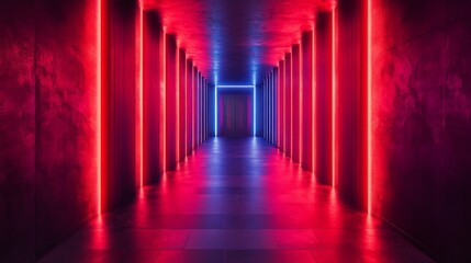 Fototapeta premium A futuristic hallway illuminated by red and blue neon lights, creating a modern and sci-fi aesthetic environment.