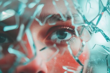 This captivating close-up image shows a human eye framed by shards of glass, evoking emotions of vulnerability and strength amidst fragmentation.
