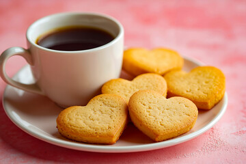A cup of coffee and some heart shaped cookies on a plate