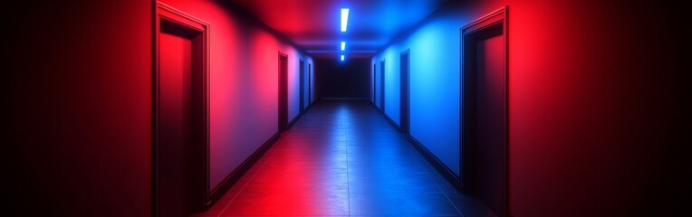 A futuristic hallway illuminated by red and blue neon lights, creating a modern and sci-fi aesthetic environment.