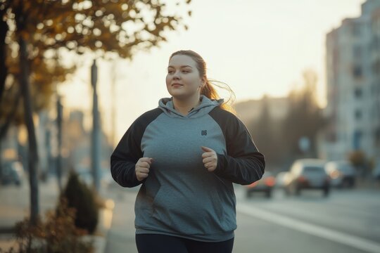An overweight woman is exercising jogging on a city street. Concept of weight loss exercise