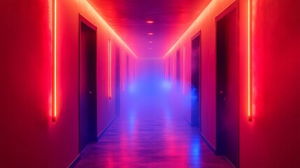 Fototapeta premium A futuristic hallway illuminated by red and blue neon lights, creating a modern and sci-fi aesthetic environment.