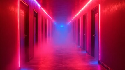 A futuristic hallway illuminated by red and blue neon lights, creating a modern and sci-fi aesthetic environment.
