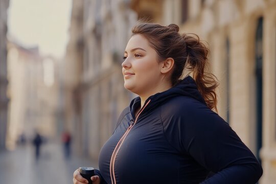 An overweight woman is exercising jogging on a city street. Concept of weight loss exercise - Powered by Adobe