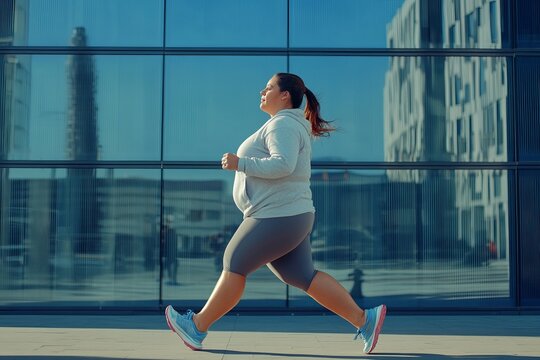 An overweight woman is exercising jogging on a city street. Concept of weight loss exercise