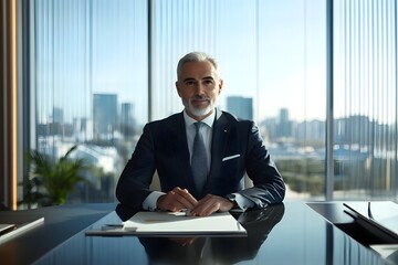Confident Business Executive Sitting at Contemporary High Tech Office Desk with Panoramic Window