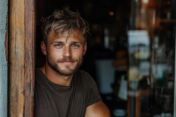 Obraz premium A contemplative young man gazes through a café window, reflecting on his thoughts and experiences in an inviting atmosphere filled with warm hues and textures.