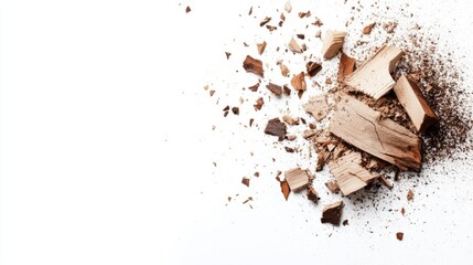 Wood pieces and dust, crushed tree bark isolated on white background