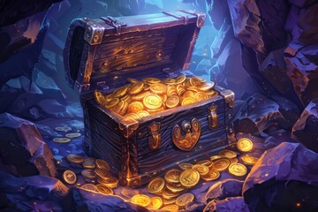 A Treasure Chest Filled with Gold Coins in a Cave