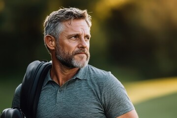A mature man with a gray shirt portrays wisdom and contemplation as he stands in a lush environment, reflecting on life amidst the quiet beauty of nature.