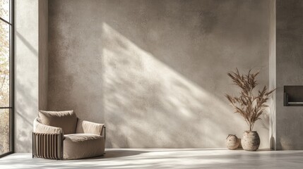 Minimalist interior design with armchair, textured wall, and sunlight.