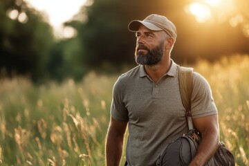 Obraz premium A strong man dressed in earthy tones carries a bag as he walks through a golden field, evoking a sense of strength and connection with the natural world around him.
