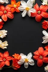 Black and white gradient background framed with vibrant spring flowers, creating a stunning card design. Flat lay.