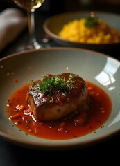 Ossobuco with saffron risotto in a fine-dining setting, warmly lit and elegantly styled.
