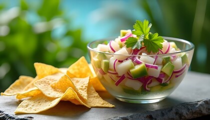 Fresh ceviche in a glass bowl with tortilla chips, tropical accents, and vibrant ingredients.
