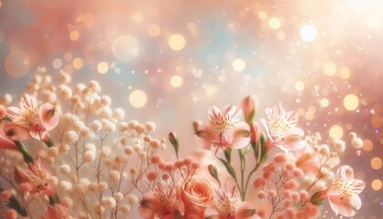 Fototapeta premium Delicate spring background with alstroemeria and gypsophila flowers, bokeh and blurry spots in pastel delicate peach fuzz, beige, pink tones
