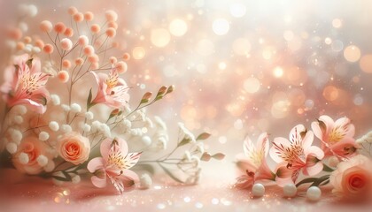Delicate spring background with alstroemeria and gypsophila flowers, bokeh and blurry spots in pastel delicate peach fuzz, beige, pink tones