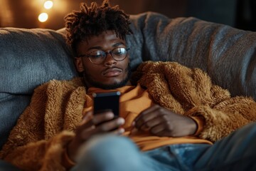Fototapeta premium A stylish man in glasses relaxes on a soft chair while checking his smartphone, reflecting the blend of comfort and modernity in contemporary lifestyle.