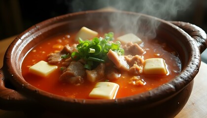 A steaming bowl of kimchi jjigae with tofu, pork belly, and scallions