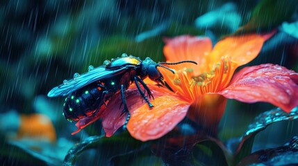 Naklejka premium A surreal rendering of a bioluminescent insect resting on a vibrant flower under a heavy tropical downpour, with vivid greens and blues surrounding it