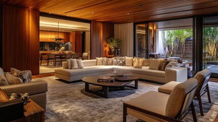 Cozy modern living room with stylish furniture and warm wooden accents, perfect for relaxation and gatherings in a luxurious home