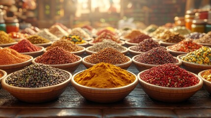 Colorful spice market bowls, sunlit, vibrant, exotic, food, background, display, sale