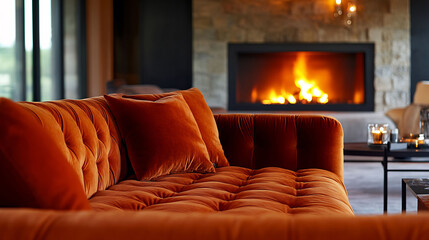 Plush modern velvet sofa set cozy living room rich fabric catching soft glow stone fireplace background fireplace crackle warmly casting golden light complement deep tone of velvet upholstery creating