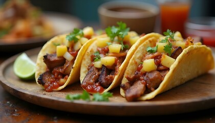 Three tacos al pastor with marinated pork, pineapple, and onions.