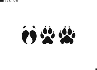 Paw print silhouette. Bull cow leopard wolf and fox paw prints vector