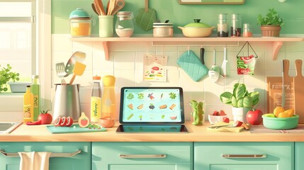 A vibrant weekly cooking schedule on a tablet, surrounded by fresh ingredients, recipe books, and utensils. Playful pastel colors with dish icons create an energetic vibe