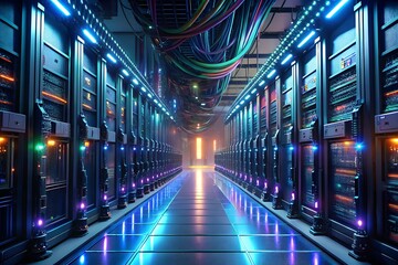 Fototapeta premium a server room, with rows of neatly organized servers, colorful cables, and blinking lights creating a futuristic