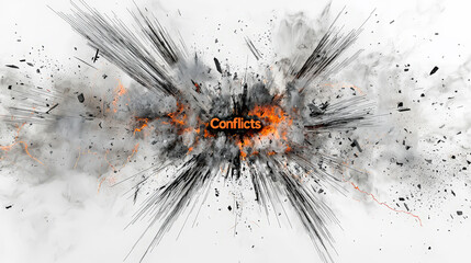 A striking 3D rendering depicting a dynamic explosion with the word "Conflicts" emerging from the blast.  Generative AI
