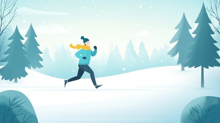 Illustration of a Person Jogging in a Winter Landscape with Snow-Covered Trees, Conveying a Sense of Fitness, Health, and Winter Activity in a Calm Atmosphere