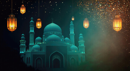 Ramadan Kareem, Islamic background with mosque and lamps