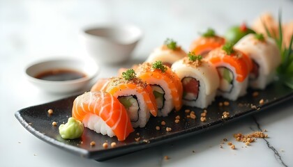 Colorful sushi rolls and nigiri arranged artistically on a black ceramic plate.