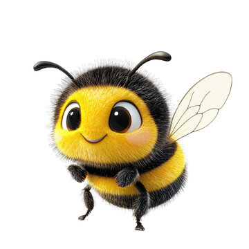 Cute cartoon bee character smiling with fluffy fur and large eyes isolated on transparent background, PNG