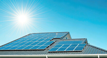 An image of a home with solar energy green plants and sunny blue sky. Solar panels on a gable roof. Beautiful, large modern house and solar energy. Rays of the sun.