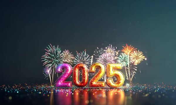 Chiffres 2025 multicolores lumineux avec reflets sur l&rsquo;eau et feu d&rsquo;artifice en arri&egrave;re-plan, ambiance festive pour le Nouvel An, Diwali ou f&ecirc;te nationale, c&eacute;l&eacute;bration joyeuse