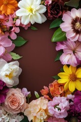 Brown background elegantly bordered by vibrant spring flowers, perfect for greeting card designs. Flat lay, top view.