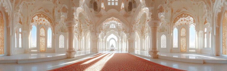 Obraz premium A grand room featuring a red carpet and luxurious architectural details, exuding elegance and sophistication.