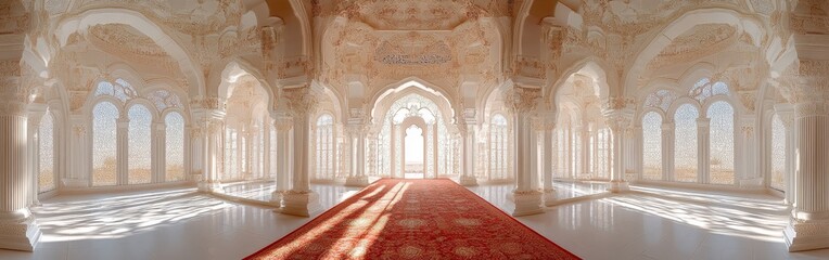 Obraz premium A grand room featuring a red carpet and luxurious architectural details, exuding elegance and sophistication.