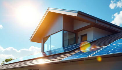 An image of a home with solar energy green plants and sunny blue sky. Solar panels on a gable roof. Beautiful, large modern house and solar energy. Rays of the sun.