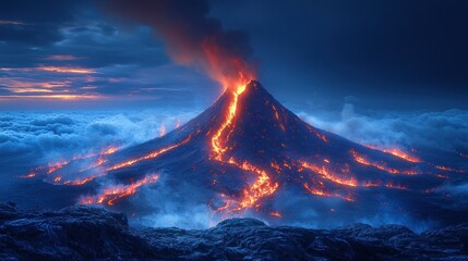 Fototapeta premium Volcanic eruption at sunset with lava flows and cloud cover, possible natural disaster or climate change illustration