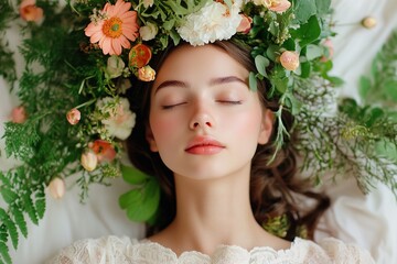 Young woman with serene expression surrounded by floral arrangement and greenery indoors