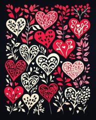A vibrant collage of decorative hearts and floral elements on a dark background.