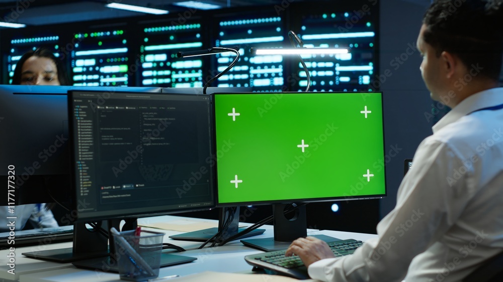 Poster engineer in data center monitoring security threats using mockup computer, implementing cybersecurit