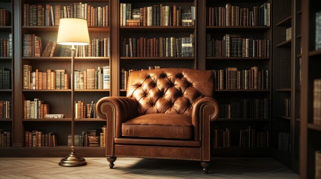 Elegant reading nook with a leather armchair, a floor lamp, and an array of hardcover books.